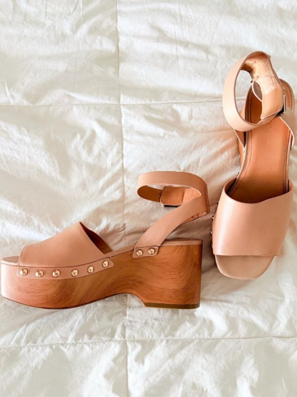 Marc Fisher Nude Leather Platform Clog Wedge Sandals Studded Ankle Strap Size 8M